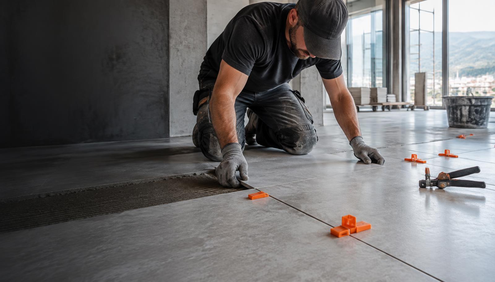 Tile installer placing large-format tile with leveling clips